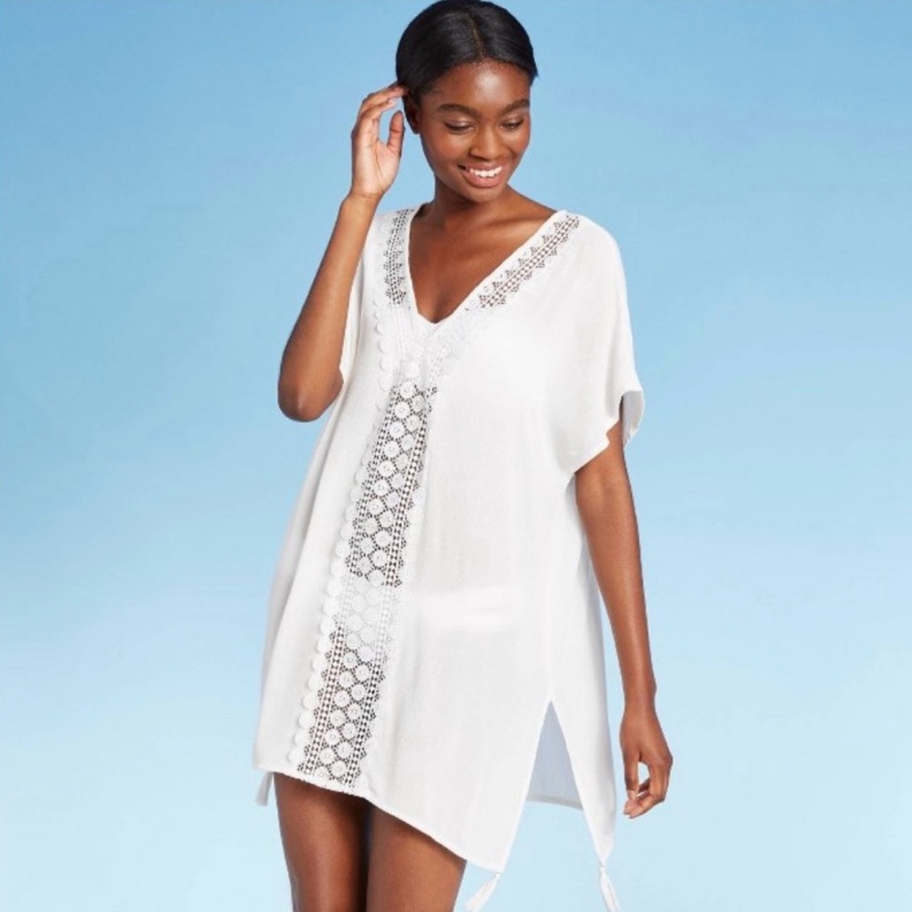 Kona Sol White V-Neck Crochet-Trim Swim Coverup Medium Pool Vacation Beach
